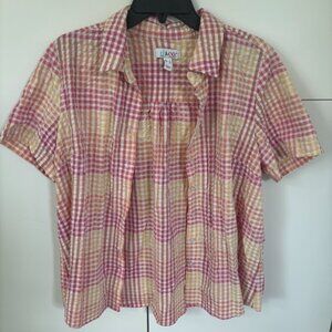 Vintage Denim&Co Textured Button Down Short Sleeve Size Large Pink Yellow
